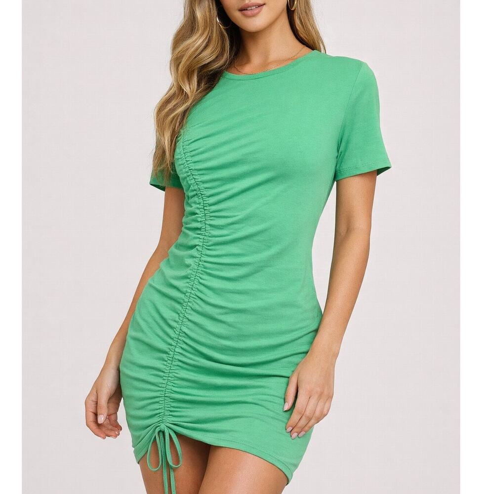Green Ruched Bodycon Mini Dress Short Sleeve Stretch Casual Trendy Size Medium